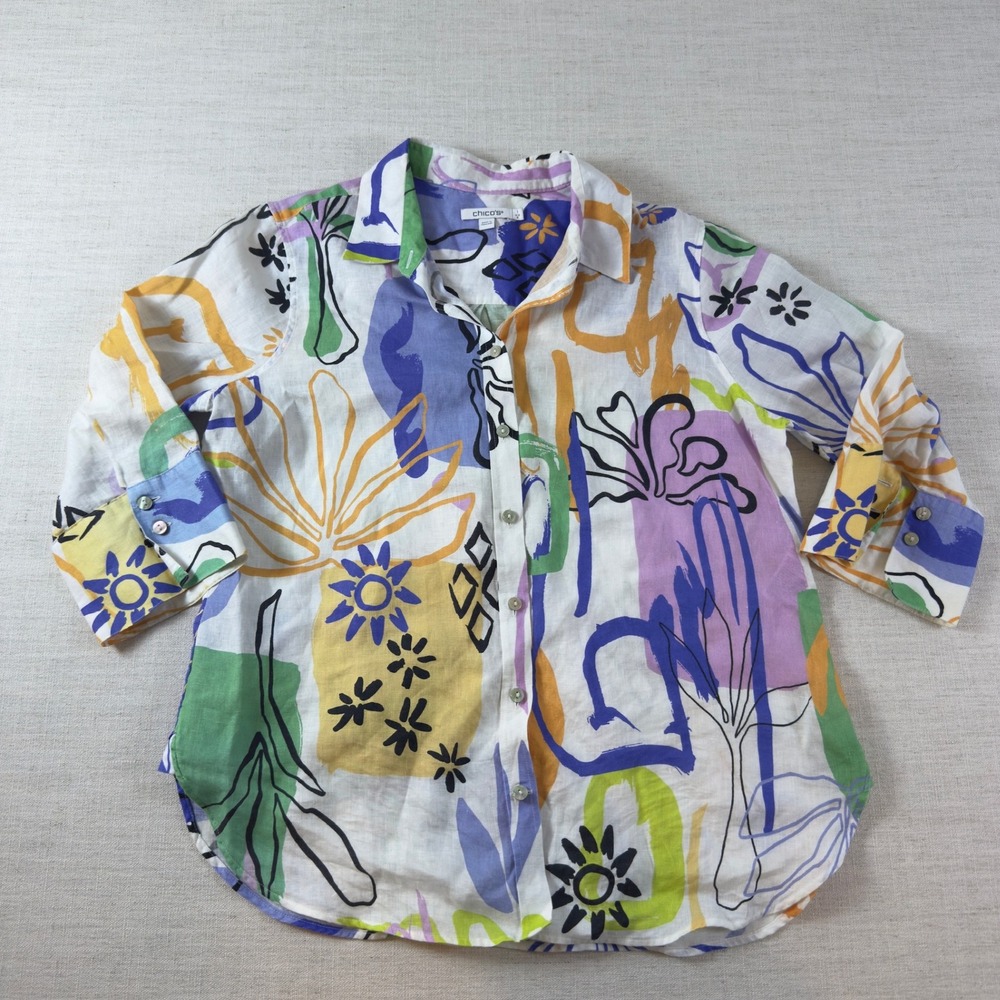 Chico's Abstract Botanical Print Button Down Shirt Size 8 Medium US 8 Colorful